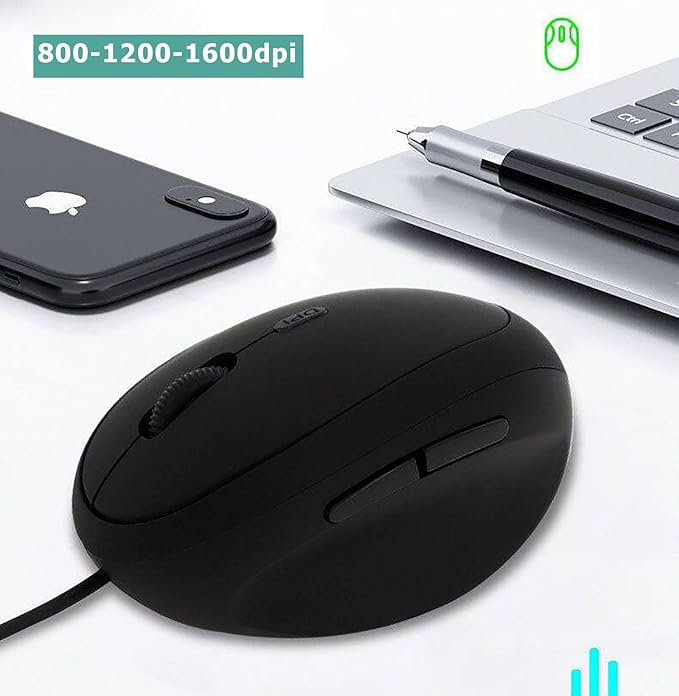 Wired Vertical Mouse, Ergonomic Optical USB Cord PC Gaming Mice 800-1200-1600 DPI Portable Silent Mause for Laptop Desktop Office Use (Black)