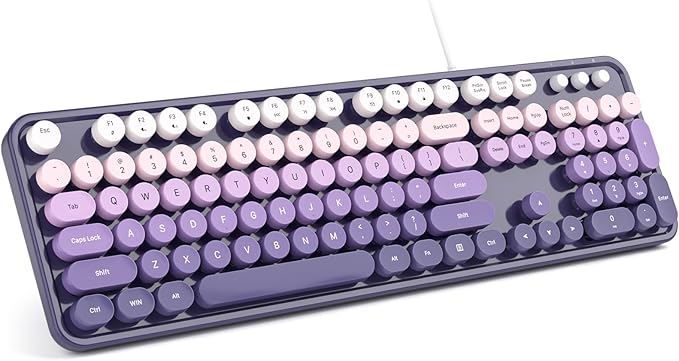 Computer Keyboard Wired, Plug and Play USB Retro Round Typewriter Keyboard, Full Size Wired Keyboard with Foldable Stands for Laptop and Office PC- Purple Gradient