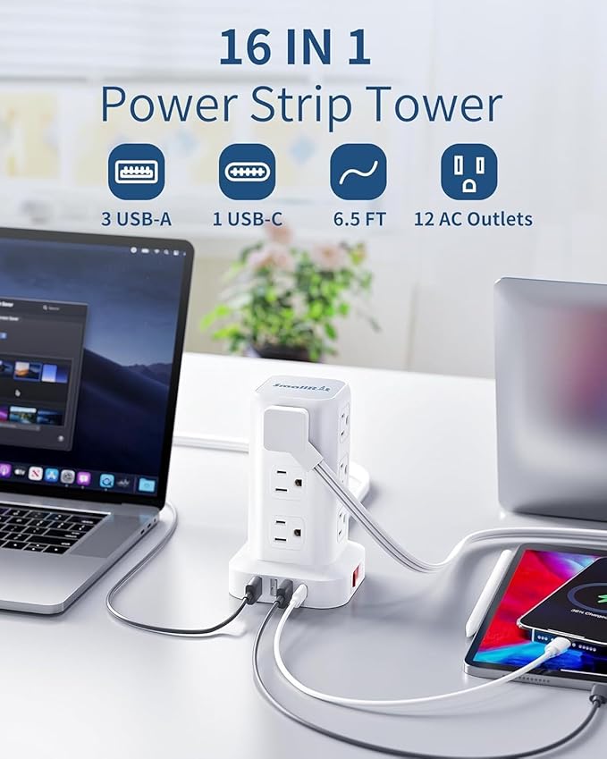 Extension Cord with Multiple Outlets, SMALLRT Flat Plug Surge Protector Power Strip Tower, Power Bars with USB 12 AC Outlets, 16.5FT Ultra Thin Extension Cord for Home Office, Overload Protection