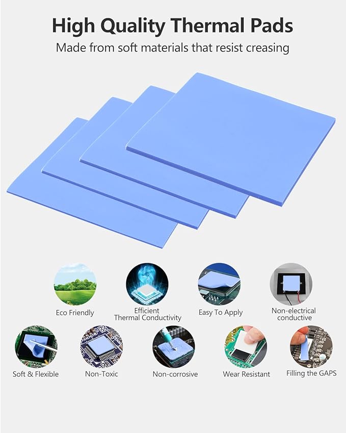 UCEC 4 Pack Thermal Pad 100x100mm (0.5mm 1.0mm 1.5mm 2.0mm) Blue Silicone Thermal Pads 6W/mK – High Conductivity Gpu & CPU Pad for Laptop Heatsink SSD IC Cooler