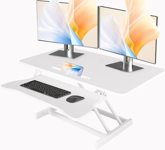 Standing Desk Converter 32 inch Height Adjustable Sit to Stand Up Desk Tabletop Dual Monitor and Laptop Workstation for Home Office with Wide Keyboard Tray Spacious 2-Tier Desktop White
