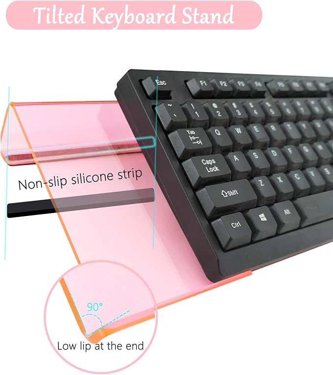 Acrylic Computer Keyboard Stand with Gel Plaid Wrist Rest Keyboard Riser with Comfortable Clear Silicone Mouse Wrist Pad Ergonomic Tilted Transparent Keyboard Holder for Desktop Office Hot Pink