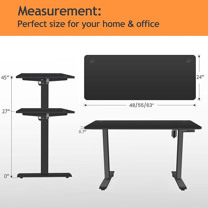 Standing Desk Adjustable Height, Electric Height Adjustable Table, 55'' X 24'' Stand Up Desk with Double Hooks and Wheels, 27''-45'' Lifting Range Sit Stand Home Office Desk(Black)