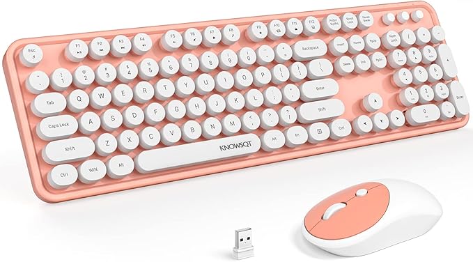 KNOWSQT Wireless Keyboard and Mouse Combo - White-Orange Full-Sized 2.4 GHz 104 Keys Typewriter Keyboard, Flexible Round Keycap and Optical Mouse for Windows, Computer, PC, Laptop, Desktop, Mac