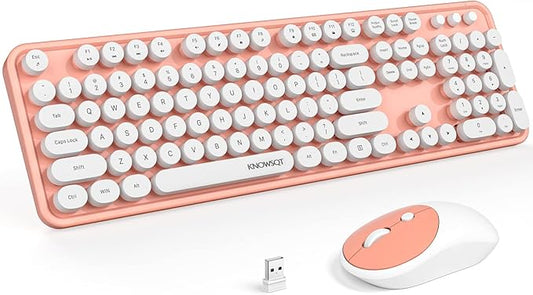 KNOWSQT Wireless Keyboard and Mouse Combo - White-Orange Full-Sized 2.4 GHz 104 Keys Typewriter Keyboard, Flexible Round Keycap and Optical Mouse for Windows, Computer, PC, Laptop, Desktop, Mac