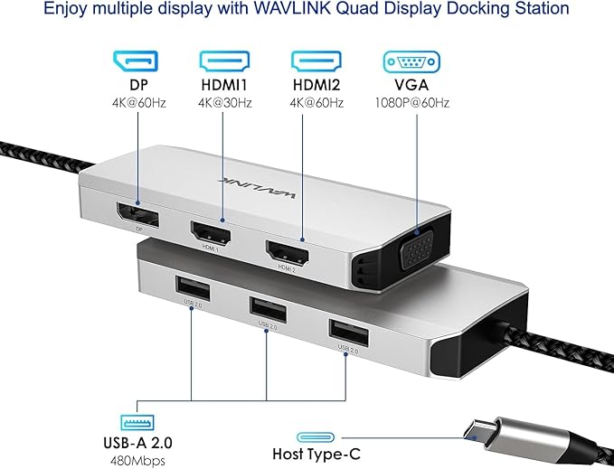WAVLINK USB-C Quad Display Docking Station, 4K Triple Monitor Laptop Dock Hub for Windows, Dual HDMI + DisplayPort + VGA, 3 USB Ports