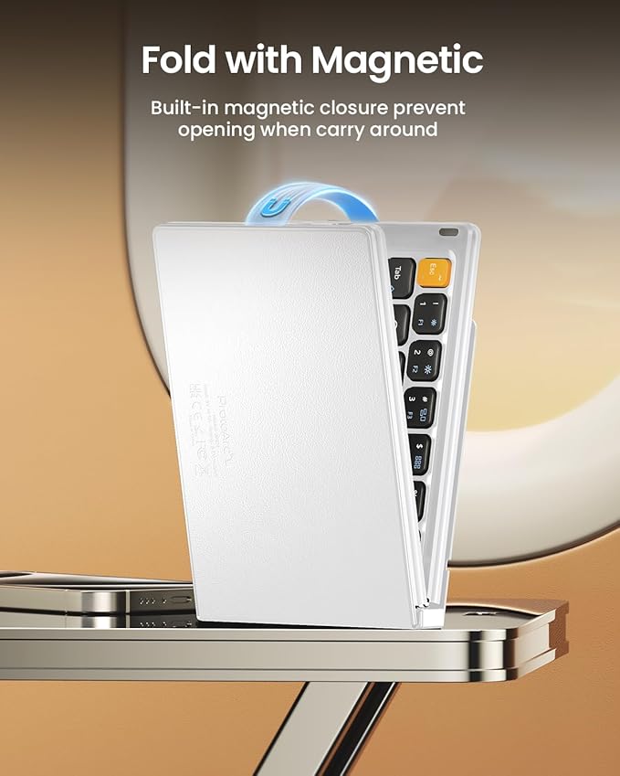 ProtoArc Foldable Compact Keyboard, XK04 Portable Bluetooth Keyboard with PU Leather Cover, Pocket-Sized Wireless Travel Keyboards for iPad, iPhone, Smartphone, Tablet and Laptop - White Silver