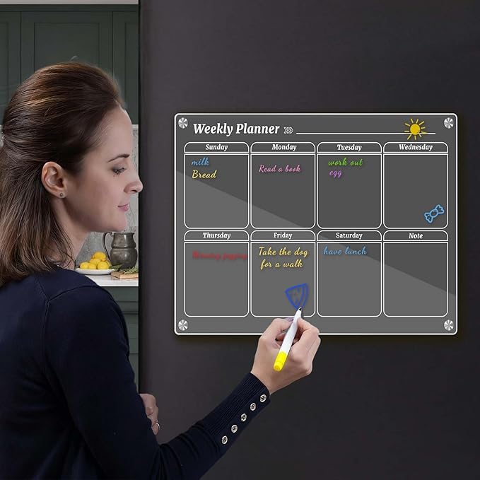 Weekly Magnetic Calendar for Fridge, Clear Dry Erase Board Calendar with 8 Markers, 16.5"x11.7"