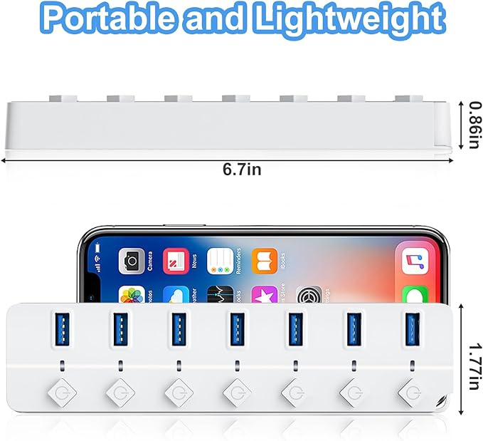 USB Hub 3.0, 7-Port USB Hub Splitter with Individual On/Off Switches and Lights, 3.2ft/1m Long Cable Compatible with MacBook, Laptop, Surface Pro, PS4, PC, Flash Drive, Mobile HDD-White