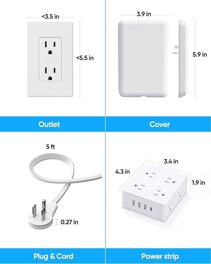Flat Extension Cord with Outlet Cover, Olcorife Flat Plug Power Strip with 8 Outlets and 4 USB Ports, 2000 Joules Surge Protector, 3 FT Cord Hidden Outlet Extender for Tight Spaces
