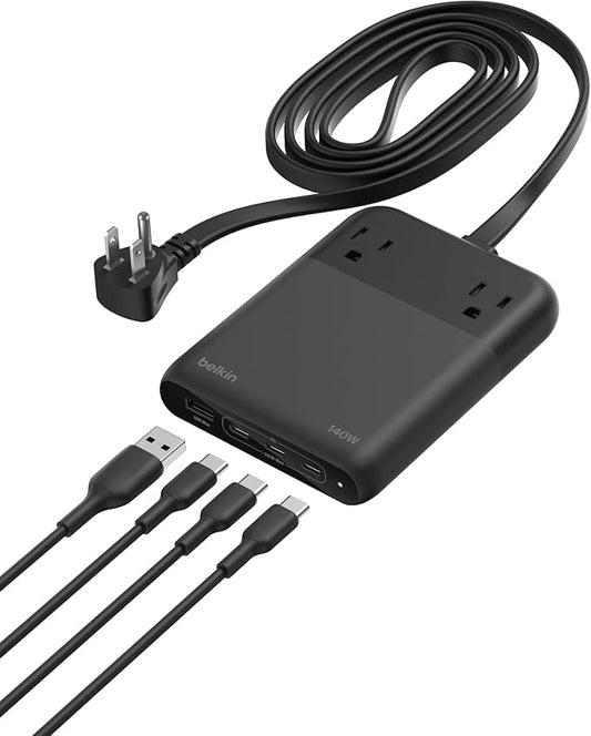 Belkin 2-Outlet GaN Charging Station 140W, USB C Charger w/ 2X AC Outlets, 3X USB C Ports, and 1x USB A Port - Power Strip for iPhone, Apple Watch, iPad, MacBook, Chromebook, Galaxy, Pixel, & More