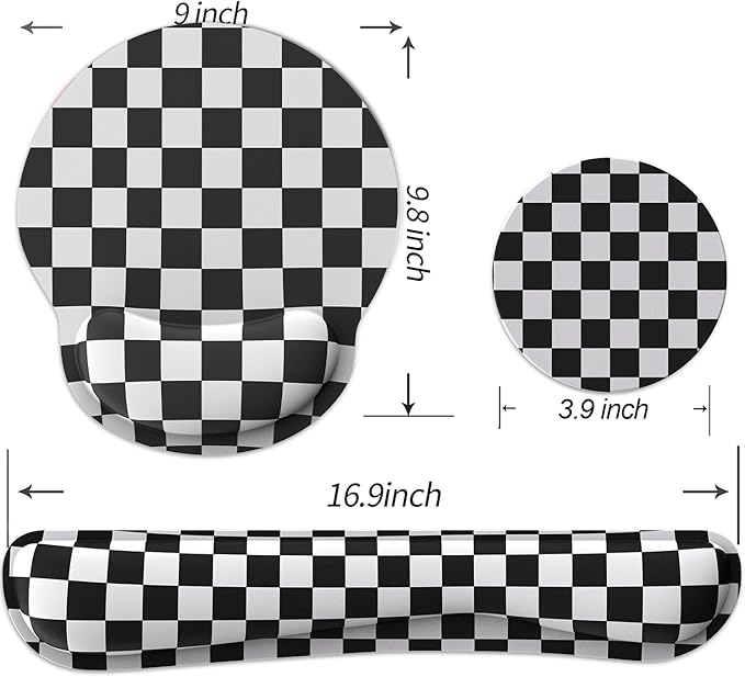 Ergonomic Mouse Pad with Wrist Rest and Keyboard Wrist Rest, Mousepad and Keyboard Pad, Non-Slip Rubber Base, Pain Relief, Mouse Pad with Wrist Support for Gaming, Computer, Office, Black Checkered