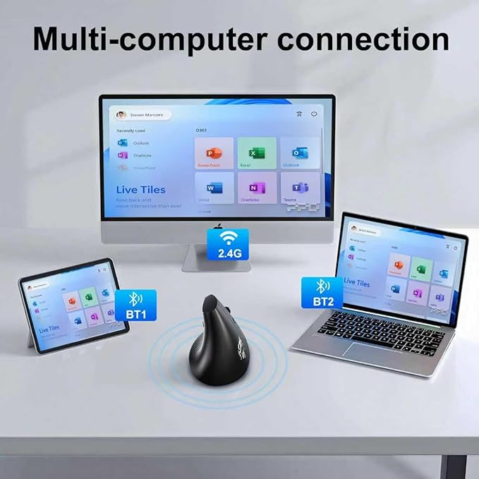 Ergonomic Bluetooth Mouse, Wireless Rechargeable Vertical Mouse for Carpal Tunnel with USBC & BT 5.0/3.0 & 2.4G Connect, Silent, Easy to use, 6 Buttons for Laptop PC MacBook Desktop Computer
