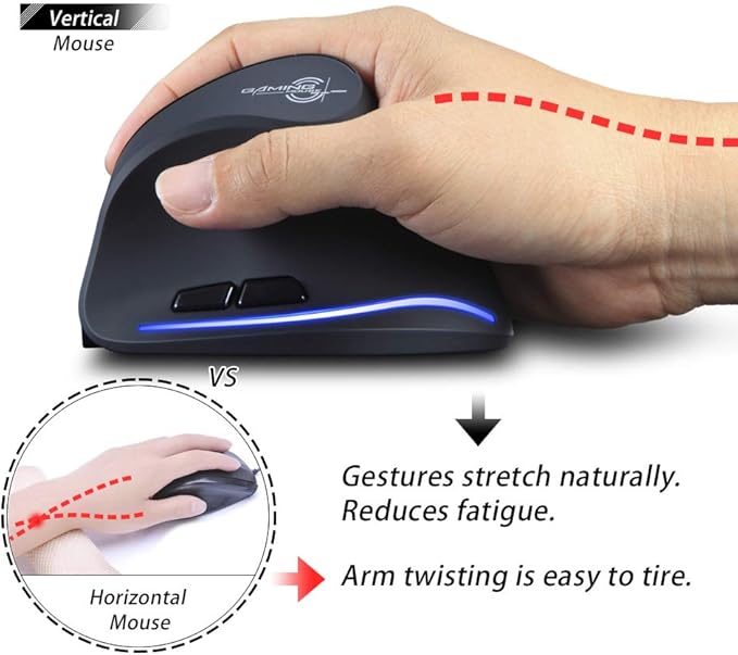 zelotes Wireless Ergonomic Mouse,2400 DPI (3-Level Adjustable),Rechargeable Vertical Mouse for Reduced Wrist Strain,LED Lighting,2.4G with USB Receiver,Optical Portable Mice for/Laptop/PC (Black)