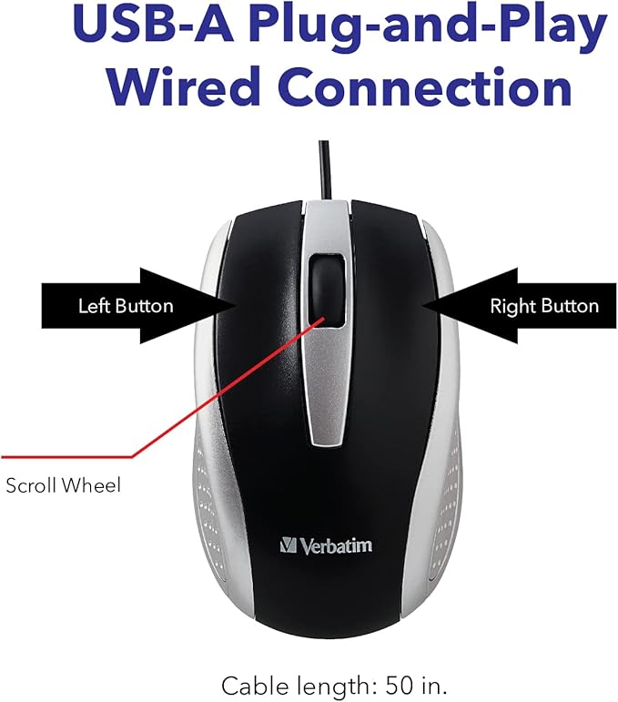 Verbatim Wired USB Computer Mouse - Corded USB Mouse for Laptops and PCs - Right or Left Hand Use, Silver 99741