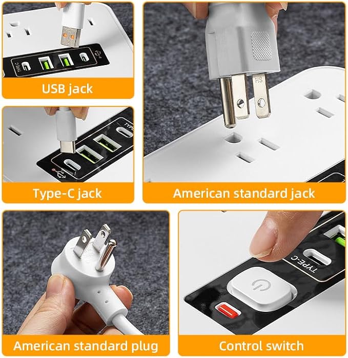 16-in-1 Surge Protector Power Strip with 12 AC Outlets, 4 USB Ports (2 USB-C & 2 USB-A) | 10A Overload Protection, Flat Plug Extension Cord for Home Office Gaming Travel (White, 6FT)