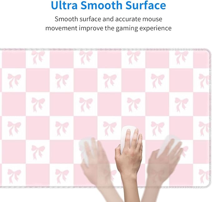 HVEST Pink Checkered Mouse Pad Cute Bow Desk Mat XXL Large Gaming Mouse Pad for Computer Keyboard Laptop, Mousepad with Stitched Edges, Home Office Desk Accessories for Girl Women 31.5'' x 15.7''