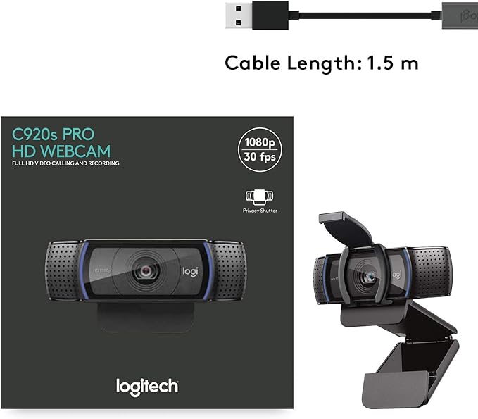Logitech C920S HD Pro Webcam, Full HD 1080p/30fps Video Calling, Clear Stereo Audio, Light Correction, Privacy Shutter, Works with Skype, Zoom, FaceTime, Hangouts, PC/Mac/Laptop/Tablet/Xbox