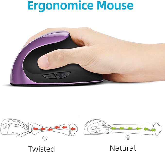 Ergonomic Mouse Wireless,Vertical Mouse with Silent Click Right Handed Small Mouses with 6 Buttons 1000/1200/1600 for Laptop,Desktop,PC, MacBook（Purple AA）