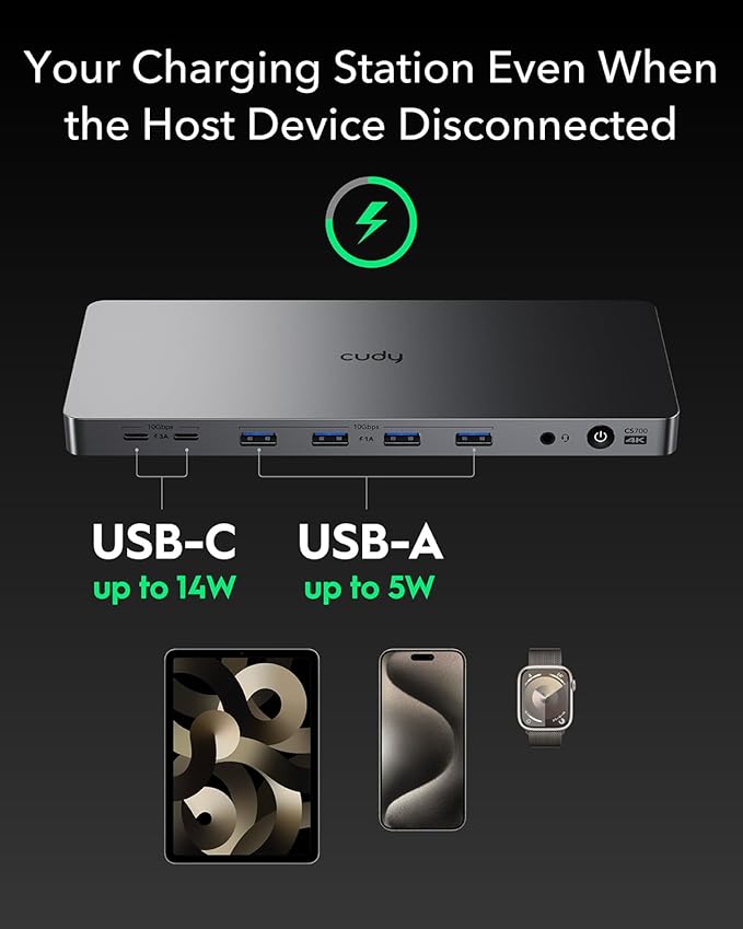 Cudy USB 3.2 Gen 2 Dual 4K 60Hz Display Docking Station, Up to 2 Monitor Display, 10Gbps USB C, 2 HDMI & Display Ports, 1000Mbps RJ45 Port, 100 Watts PD, 150 Watts PSU, DisplayLink, CS700