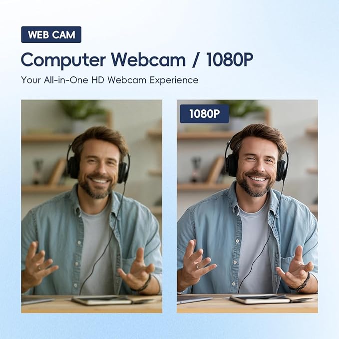 1080P PC Webcam with Built-in Noise-Canceling Microphone Physical Privacy Cover Automatic Light Compensation Ultra Wide-Angle Lens Plug and Play Suitable for Zoom/YouTube/Live/Streaming