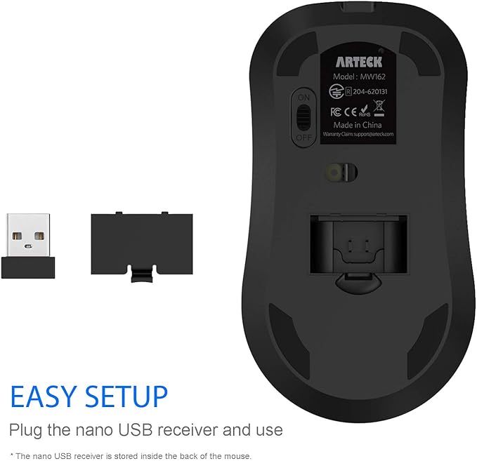 Arteck 2.4G Wireless Mouse with Nano USB Receiver Ergonomic Design Silent Clicking for Computer/Desktop/PC/Laptop and Windows 10/8/7 Build in Rechargeable Battery (Black)