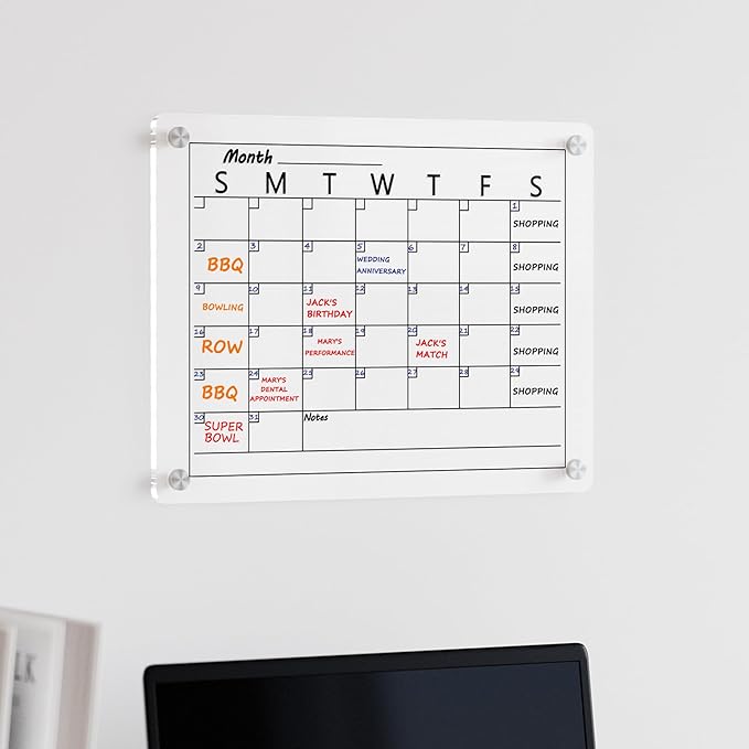 Acrylic Calendar Whiteboard for Wall, 15"x11" Small Clear Monthly Planner Dry Erase White Board for List, Kitchen, Planning, Memo