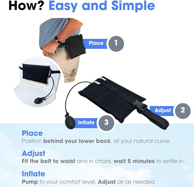 Innotech LumbAIRPlus – Premium Portable Inflatable Lumbar Support Cushion with Enhanced Adjustable Air System for Customized Comfort, Black