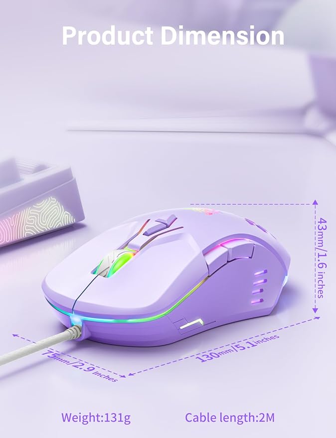 Wired USB Mouse, Computer Mouse with RGB Lighting, 4 Adjustable DPI, Ergonomic Optical Office Mouse, 7 Buttons Corded Mice for Window/PC/Laptop/Desktop/Mac/Chromebook,Purple