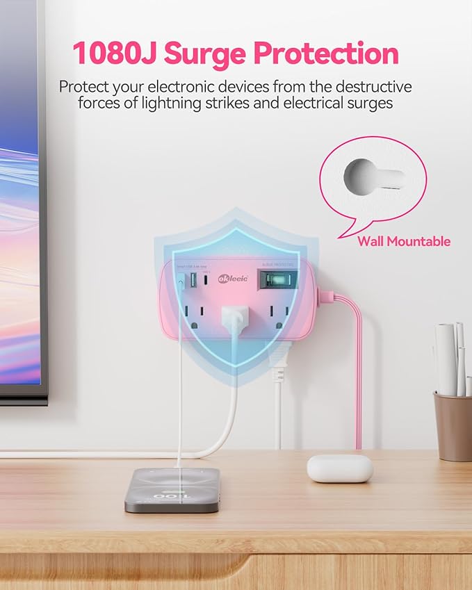 Pink Extension Cord - 5Ft Travel Power Strip with 3 USB(1 USB C) 17W Charging Station and 6 Outlets, Pink Desk Accessories with Surge Protector for Cute Kawaii Gifts College Dorm Desk