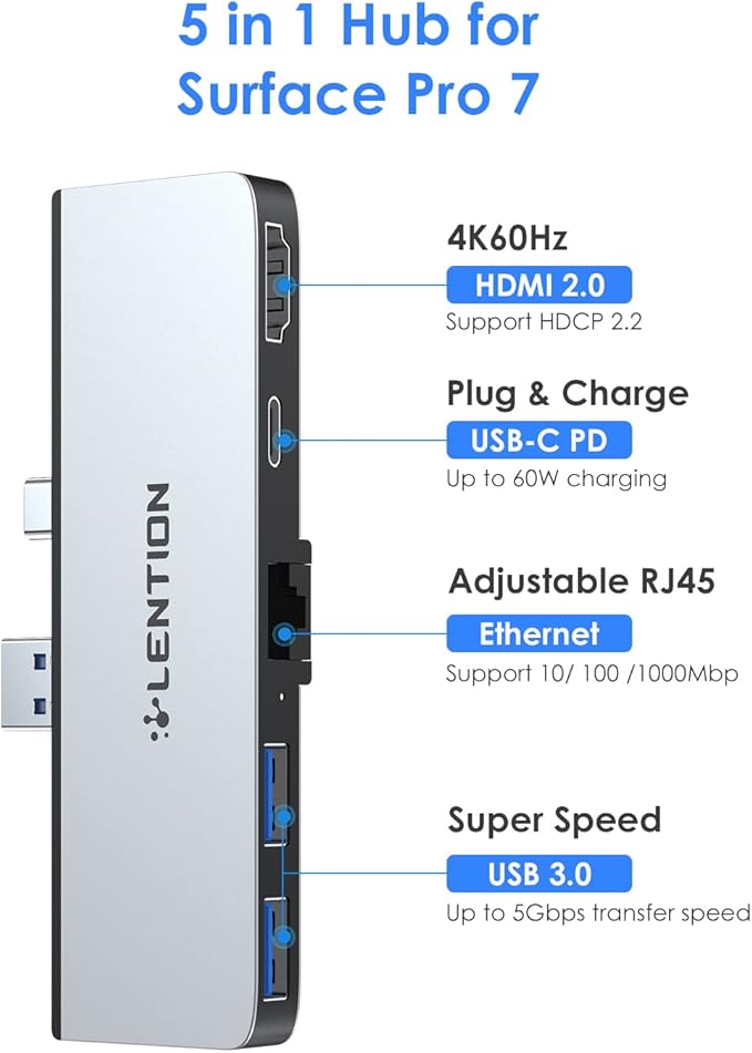 LENTION Surface Pro Dock, 5-in-1 Surface Pro 7 Hub, 4K@60Hz USBC to HDMI Hub, USB C to Gigabit Ethernet Hub, 2 x USB 3.0 Hub, PD 60W Type C Charging Port Hub(CS35, Silver)