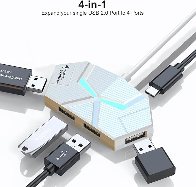 USB Hub 2.0, 4-Port USB Hub,USB Extender with Extra Power Port for Laptop, PC, Xbox, Gamepad,Flash Drive, HDD, Console, Printer, Camera,Keyborad, Mouse,USB Fan (4-Port USB A 2.0)