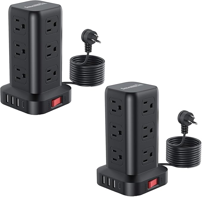 Extension Cord with Multiple Outlets, SMALLRT 2 Pcs Surge Protector Power Strip Tower, Outlet Extender with 12 AC Outlets 4 USB, 6.5FT Extension Cord for Home Office Dorm Room, Overload Protection