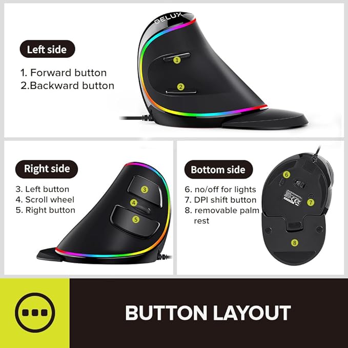 DELUX Ergonomic Vertical Mouse, Wired Ergo Mouse for Large Hands, 6 Programmable Buttons, Up to 12800 DPI, Removable Wrist Rest, Vibrant RGB Backlit, for Windows 7/8/10/XP/Vista (M618Plus RGB-Wired)