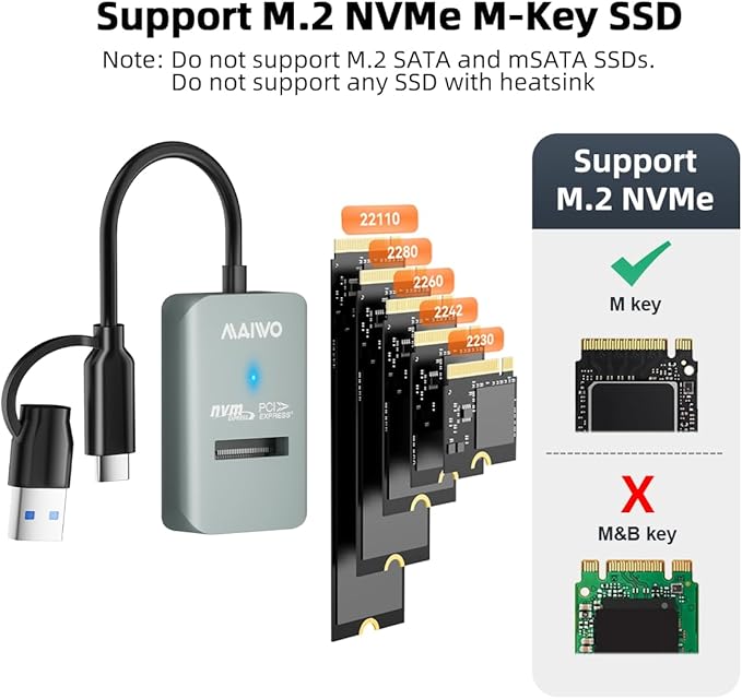 MAIWO M.2 NVMe to USB Adapter, USB C+A PCIe NVMe Dock, USB3.2 GEN2x1 10Gbps with UASP Trim, 8TB Capacity, Tool Free Lay-Flat NVMe SSD Enclosure Reader