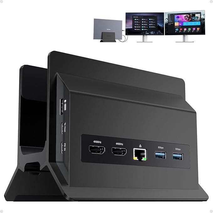 USB C Laptop Docking Station Dual Monitor, 11 in 1 Vertical Dock with 2 HDMI 4K, 3 USB A/C 10Gbps, 2USB-A 5Gbps, USB A 2.0, Ethernet, Docking Station Stand for Type-C Laptops - Black