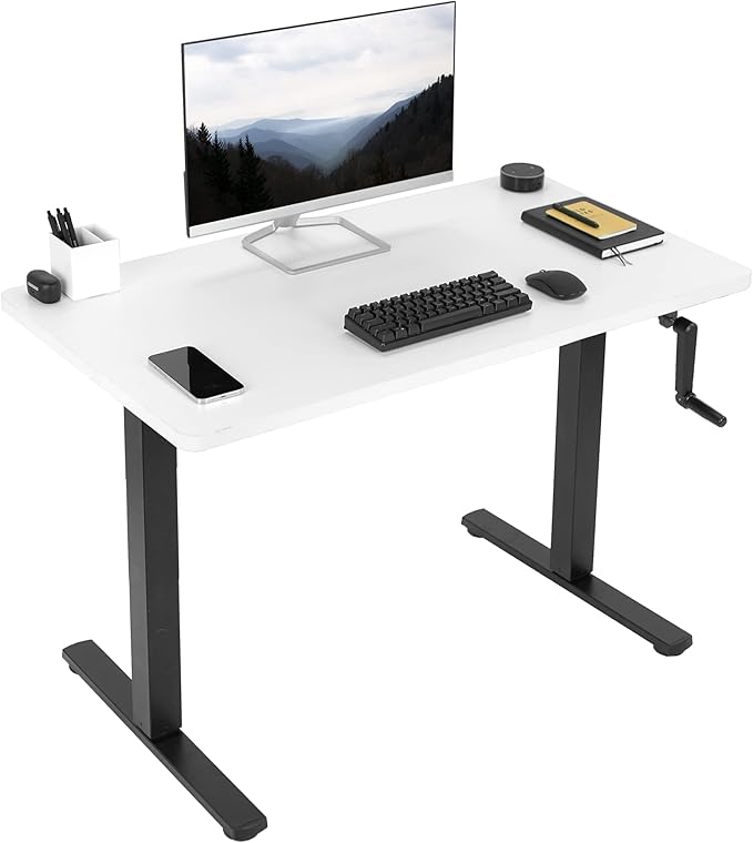VIVO Manual Height Adjustable 43 x 24 inch Stand Up Desk, White Solid One-Piece Table Top, Black Frame, Standing Workstation with Foldable Handle, DESK-KIT-MB4W