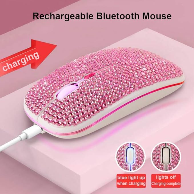 Bluetooth Mouse,Bling Dazzling 2.4GHz Rechargeable Wireless Mouse Slim Mouse with USB Receiver, Compatible with Notebook, PC, Laptop, Computer, MacBook,Great Present idea for Her (Pink)