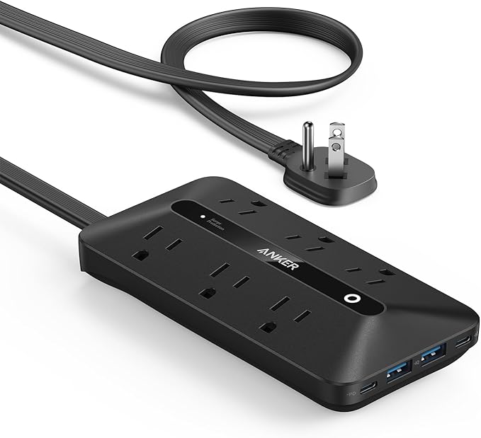 Anker Power Strip with 300J Surge Protector, Flat Plug Extension Cord with Multiple Outlets, 6 AC, 2 USB A & 2 USB C Ports for 20W, 10ft Outlet Extender, Dorm Room Essentials, Home Office