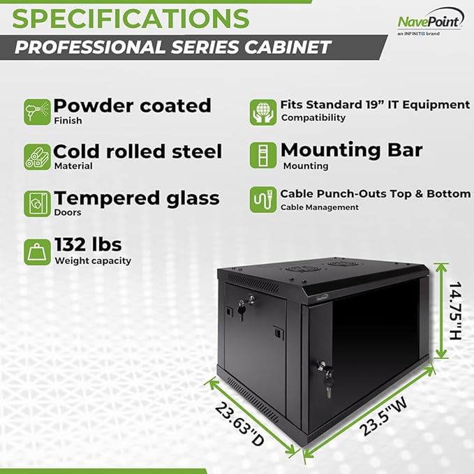Navepoint 6U Deluxe IT Wallmount Cabinet Enclosure 19-Inch Server Network Rack with Locking Glass Door 24-Inches Deep Black
