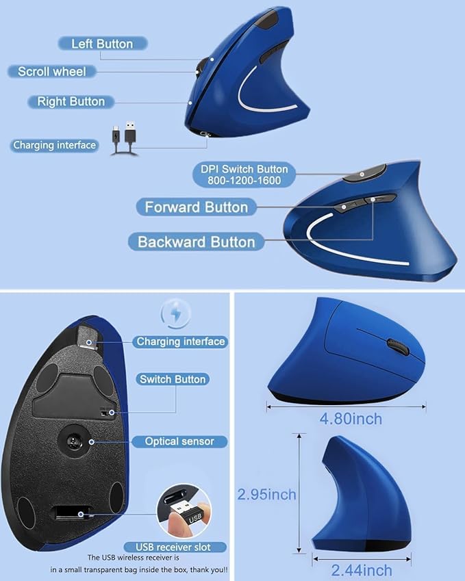 Ergonomic Mouse Wireless, Rechargeable Mouse Silent for Carpal Tunnel Right Hand, 2.4GHz USB Vertical Mouse Wireless for Laptop etc, 3 Adjustable 800/1200/1600 DPI, Blue