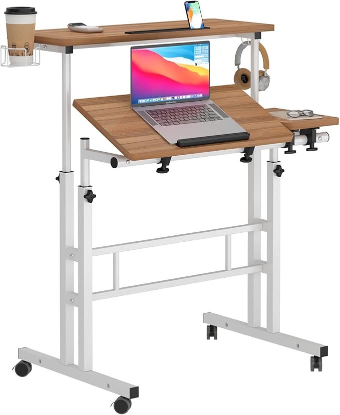 SogesPower 2 Platforms Mobile Laptop Desk Adjustable Side Table Computer Stand for Bed Sofa,Mobile Standing Desk with Cup Holder and Hooks,Oak
