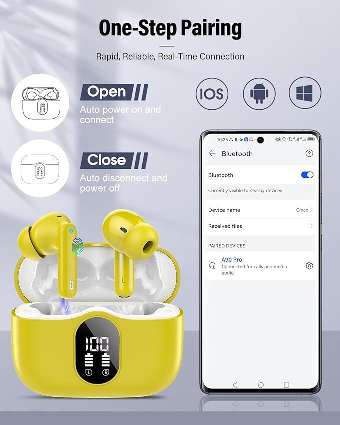 Wireless Earbuds, Bluetooth 5.4 Headphones Bass Stereo, Ear Buds with Noise Cancelling Mic, IP7 Waterproof in Ear Earphones, 36H LED Display Bluetooth Earbuds for Laptop Pad Phones, Golden Yellow