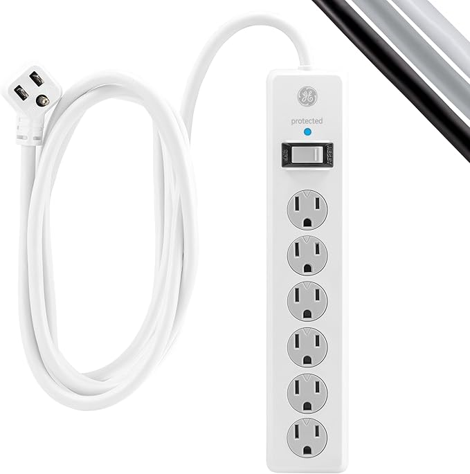 GE Surge Protector Power Strip,20 Ft Extension Cord,6 Outlet Extender,800 Joules,Flat Plug,Twist-to-Close Safety Covers,ETL Listed,White,50770 (Pack of 8)