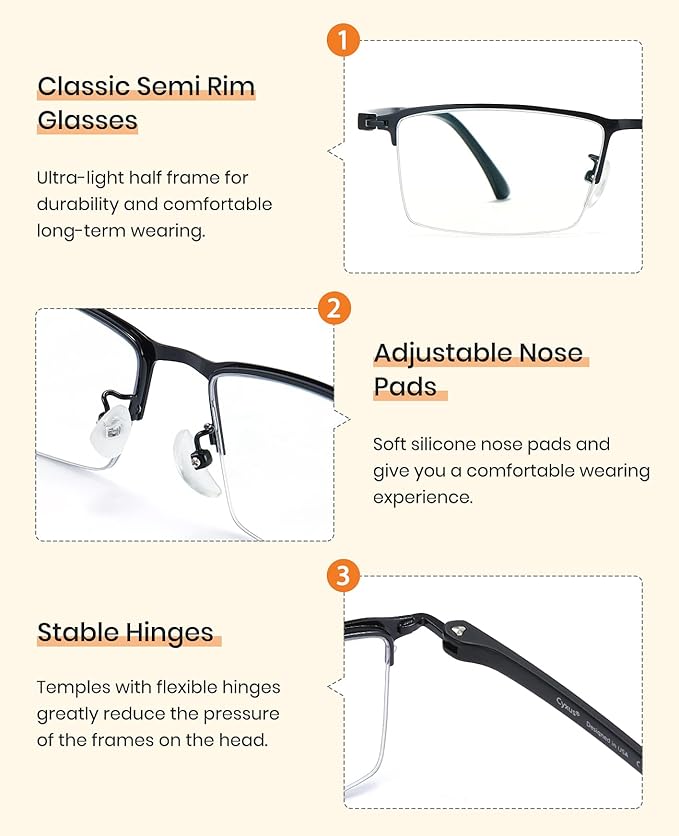 Cyxus Blue Light Blocking Glasses for Men Woman Semi Rim Computer Gaming Office Study Eyeglasses with UV Protection 8001