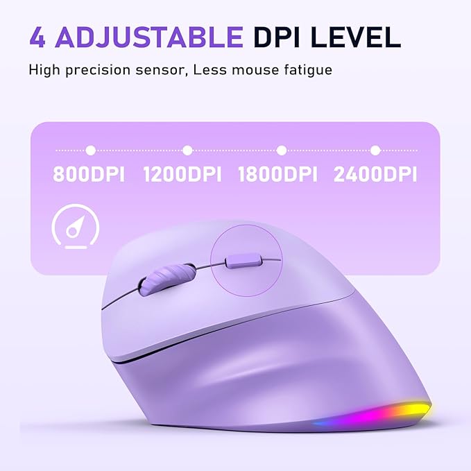 MEETION Left-Handed Mouse, Ergonomic Mouse Wireless Vertical Mouse, RGB Mice for Bluetooth(5.2 + 3.0) & USB-A with Type-C Adapter 4 Adjustable DPI for Mac/Windows/Tablet/iPad/PC Purple