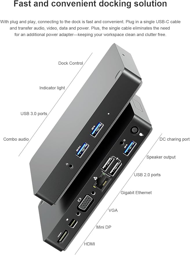 WD15 USB-C Docking Station - Dual 4K Displays or Single 4K Display with MiniDP, HDMI, VGA for Dell USB-C Laptops (1DP, 1HDMI, 1VGA, 3USB3.0, 2USB 2.0, 1Audio, 1Speaker Out)