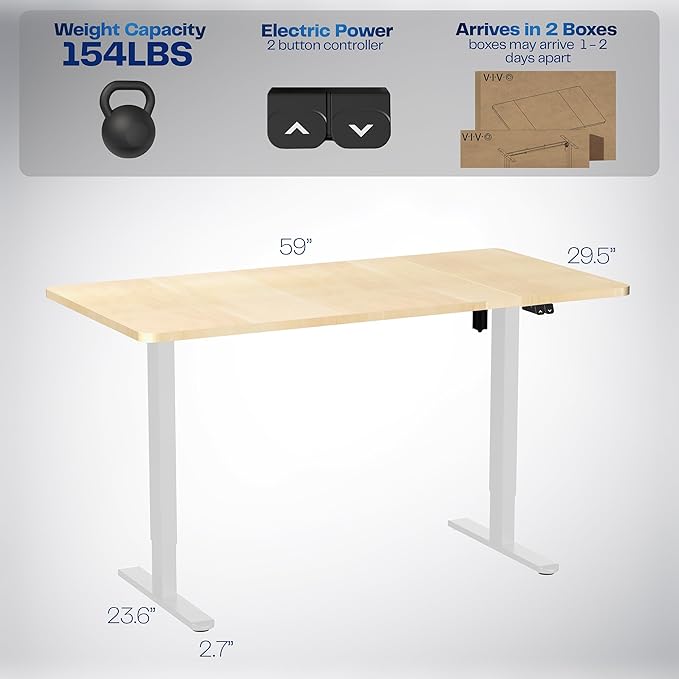 VIVO Electric 60 x 30 inch Stand Up Desk, Height Adjustable, Light Wood Top White Frame, Home and Office Furniture Sets, DESK-KIT-0W6C