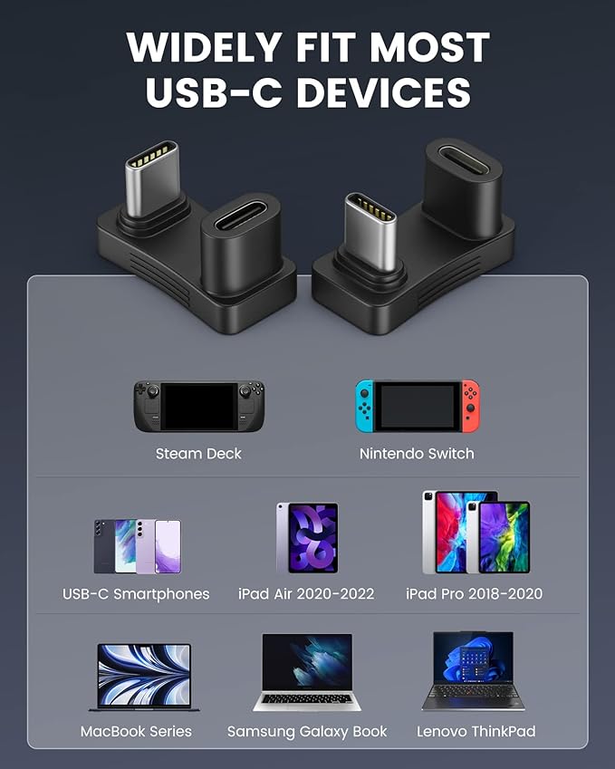 Moko 180 Degree Angle USB C Adapter 2 Pack, U Shape USB-C Adapter Connector with PD 100W/10Gbps, Type-C 180 Angle Extender for Steam Deck/Switch/iPhone 16/15 Series/Laptop/Tablet
