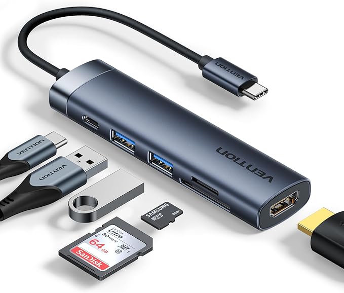 VENTION USB C Hub, 6-in-1 Laptop Docking Station Dongle Adapter with 4K HDMI, PD 100W Charging, USB 3.0 Ports, SD/TF Card Reader, Portable Aluminum Plug & Play for MacBook Pro, Laptop/HP/DELL